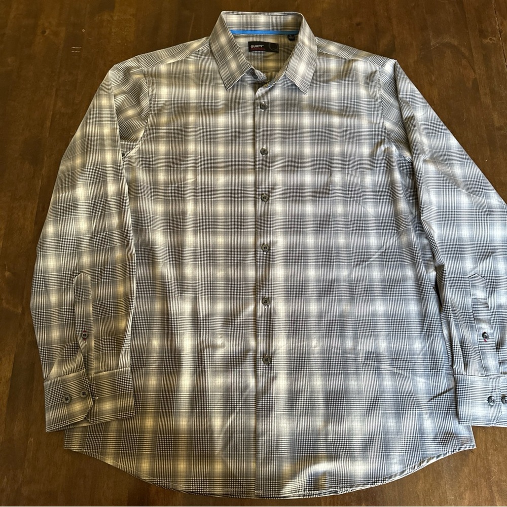 Quieti‎ Large Mens Performance Button Front Long Sleeve Shirt Gray Plaid Office